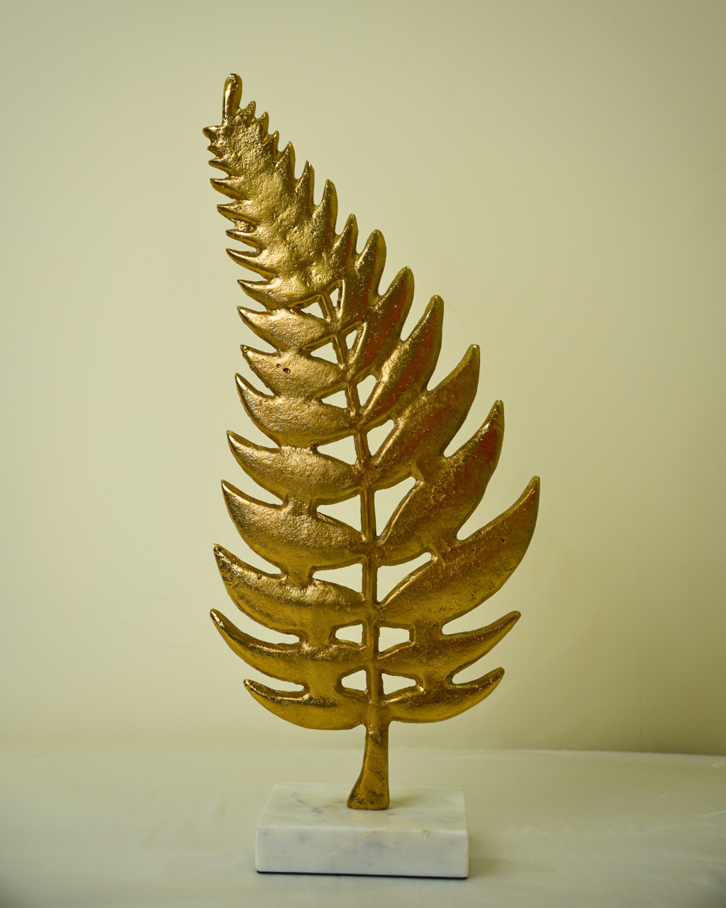 Golden Fern Leaf Sculpture with Marble Base