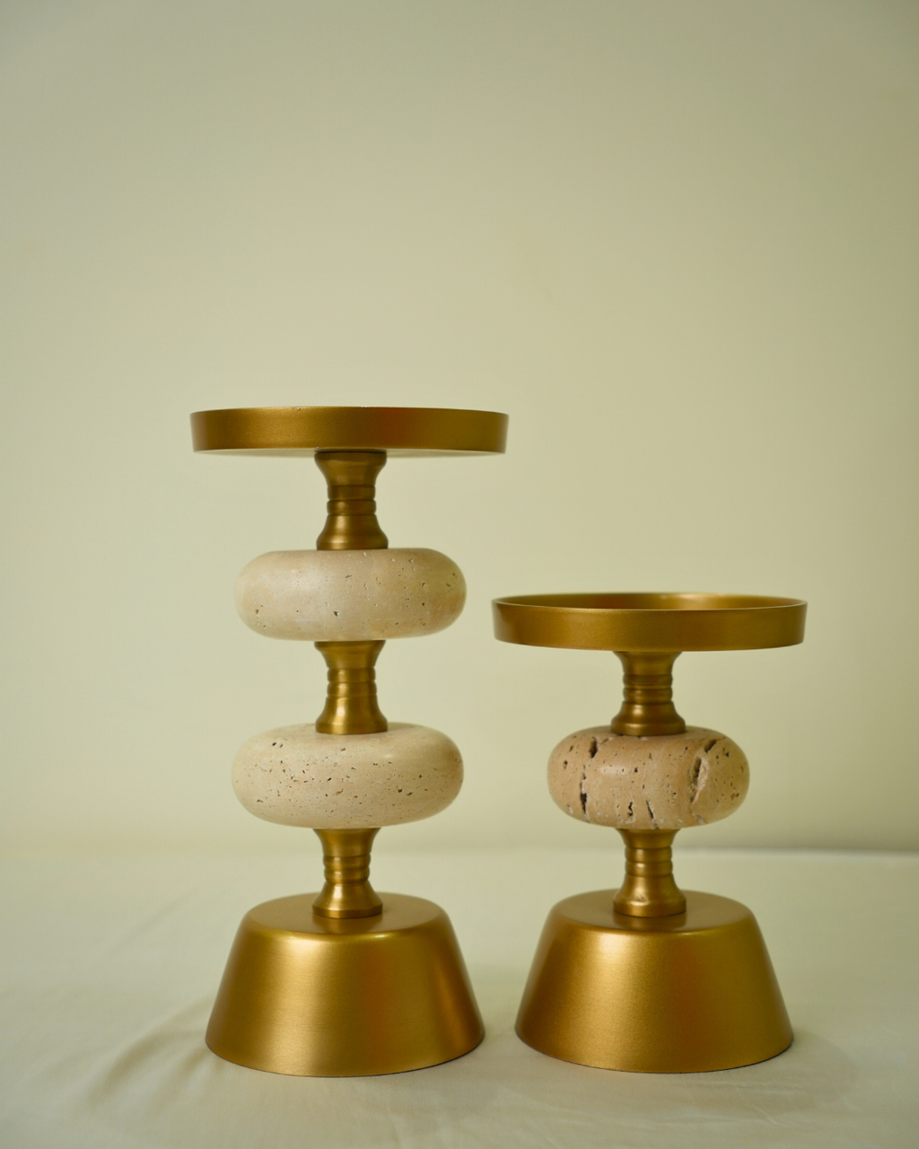 Set of 2 Golden Metal & Marble Candle Holders - Modern Luxury Table Decor