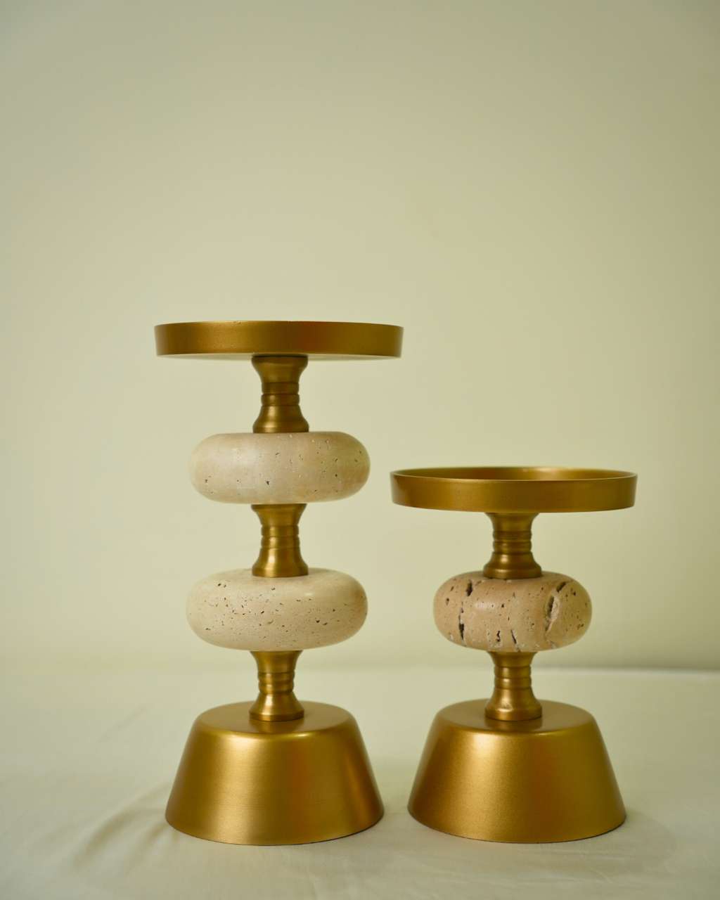 Set of 2 Golden Metal & Marble Candle Holders - Modern Luxury Table Decor