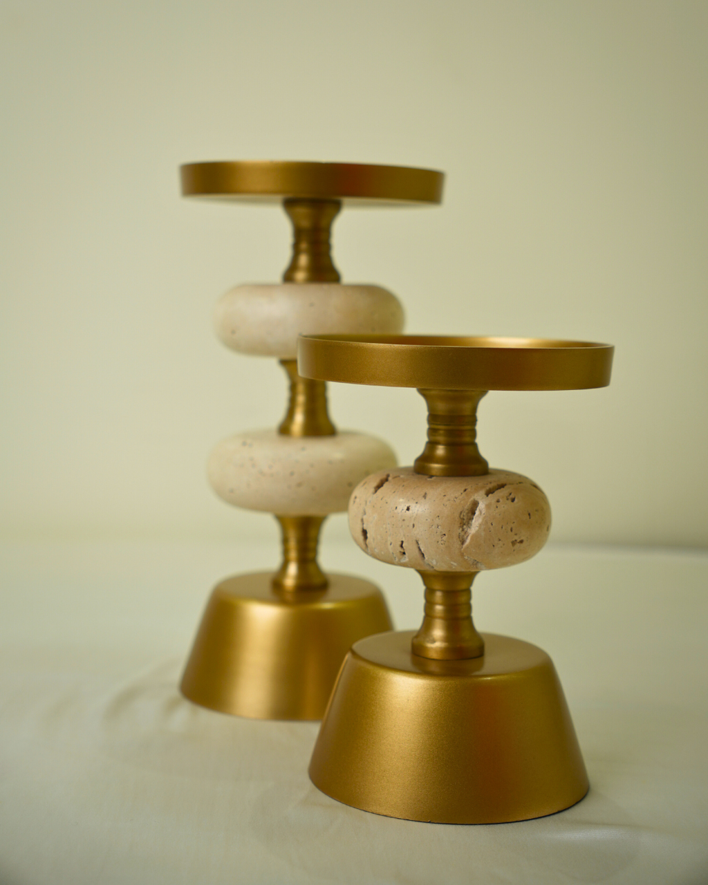 Set of 2 Golden Metal & Marble Candle Holders - Modern Luxury Table Decor