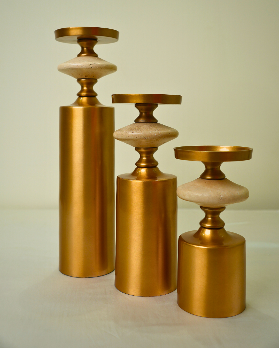 Set of 3 Luxury Golden Metal & Marble Candle Holders