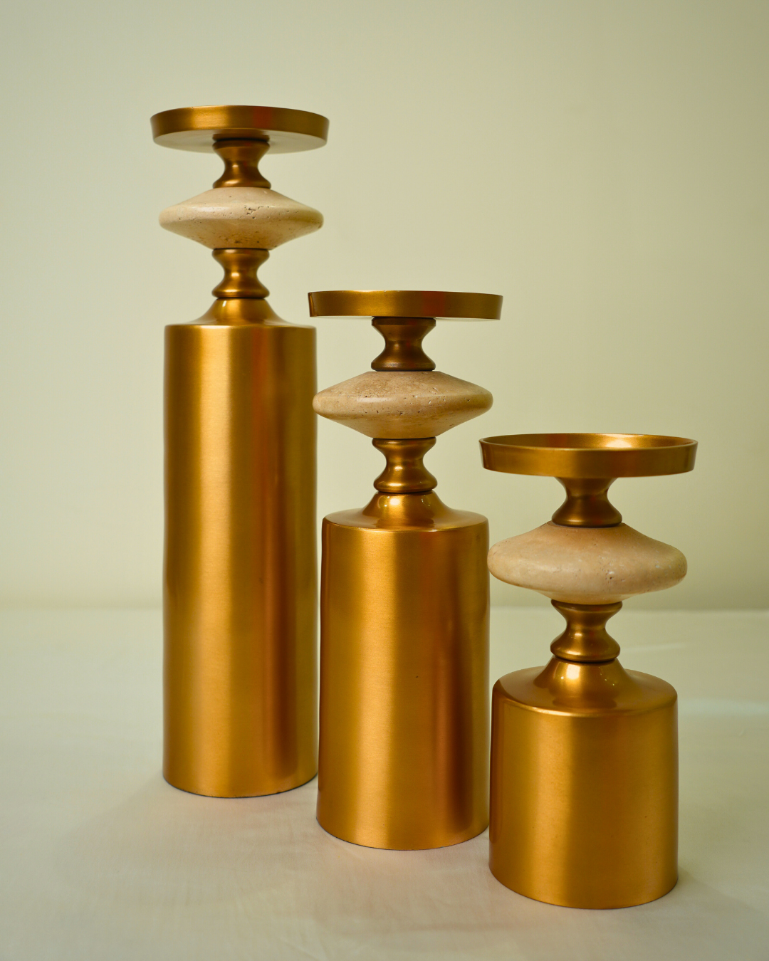 Set of 3 Luxury Golden Metal & Marble Candle Holders