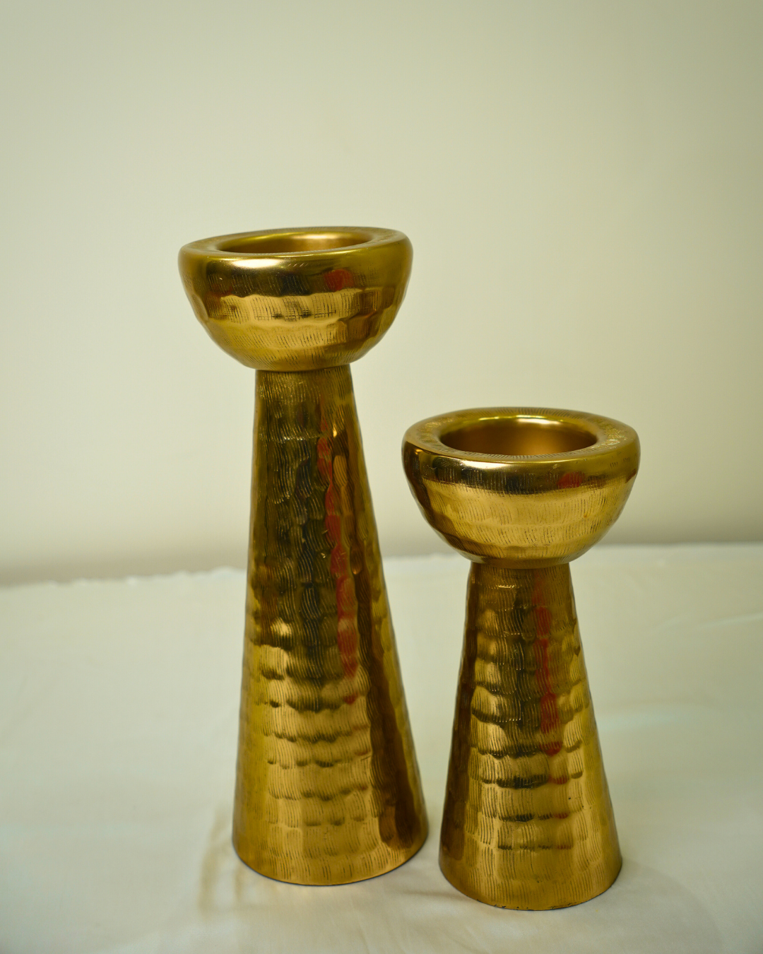 Set of 2 Hammered Golden Metal Candle Holders