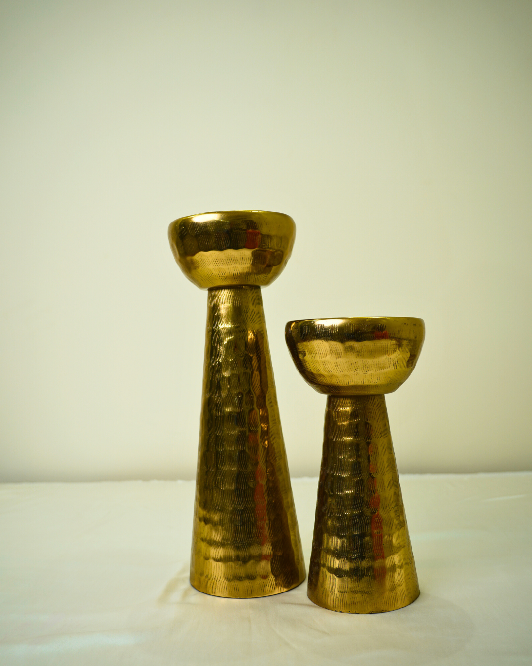 Set of 2 Hammered Golden Metal Candle Holders