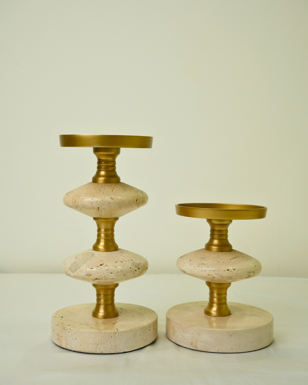 Set of 2 Golden Metal & Marble Candle Holders - Modern Luxury Table Decor