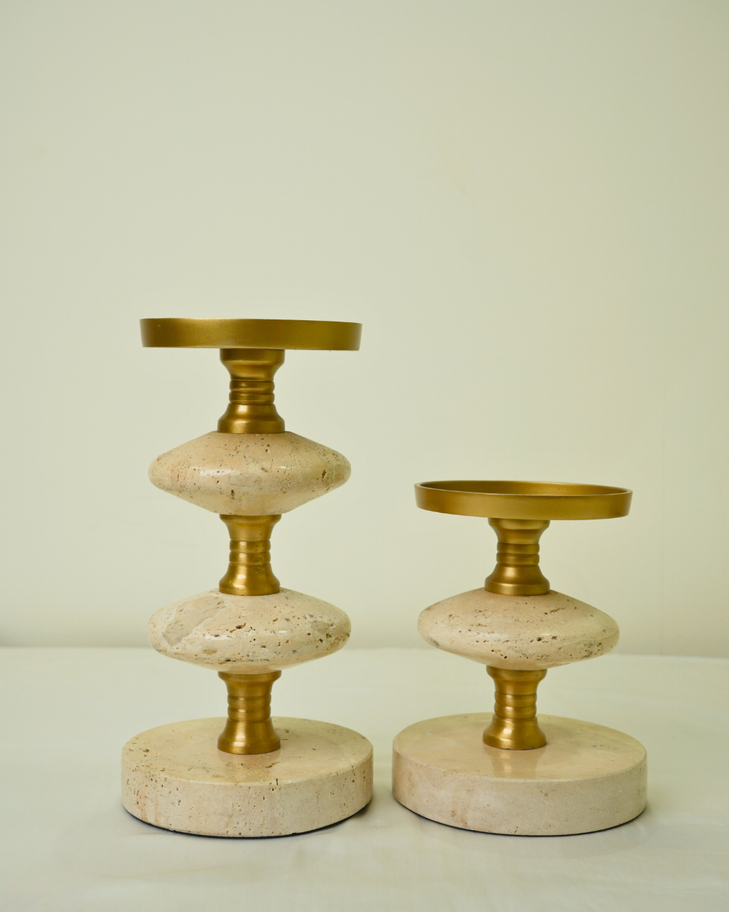 Set of 2 Golden Metal & Marble Candle Holders - Modern Luxury Table Decor