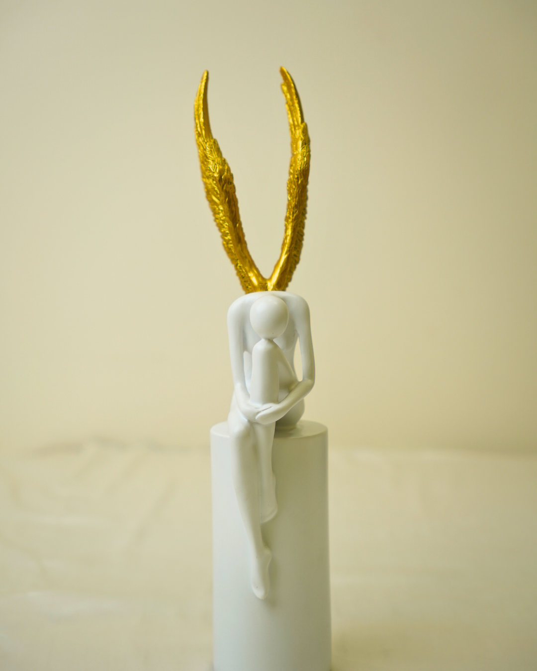 Modern Celestial Angel - Minimalist White and Gold Abstract Statuette