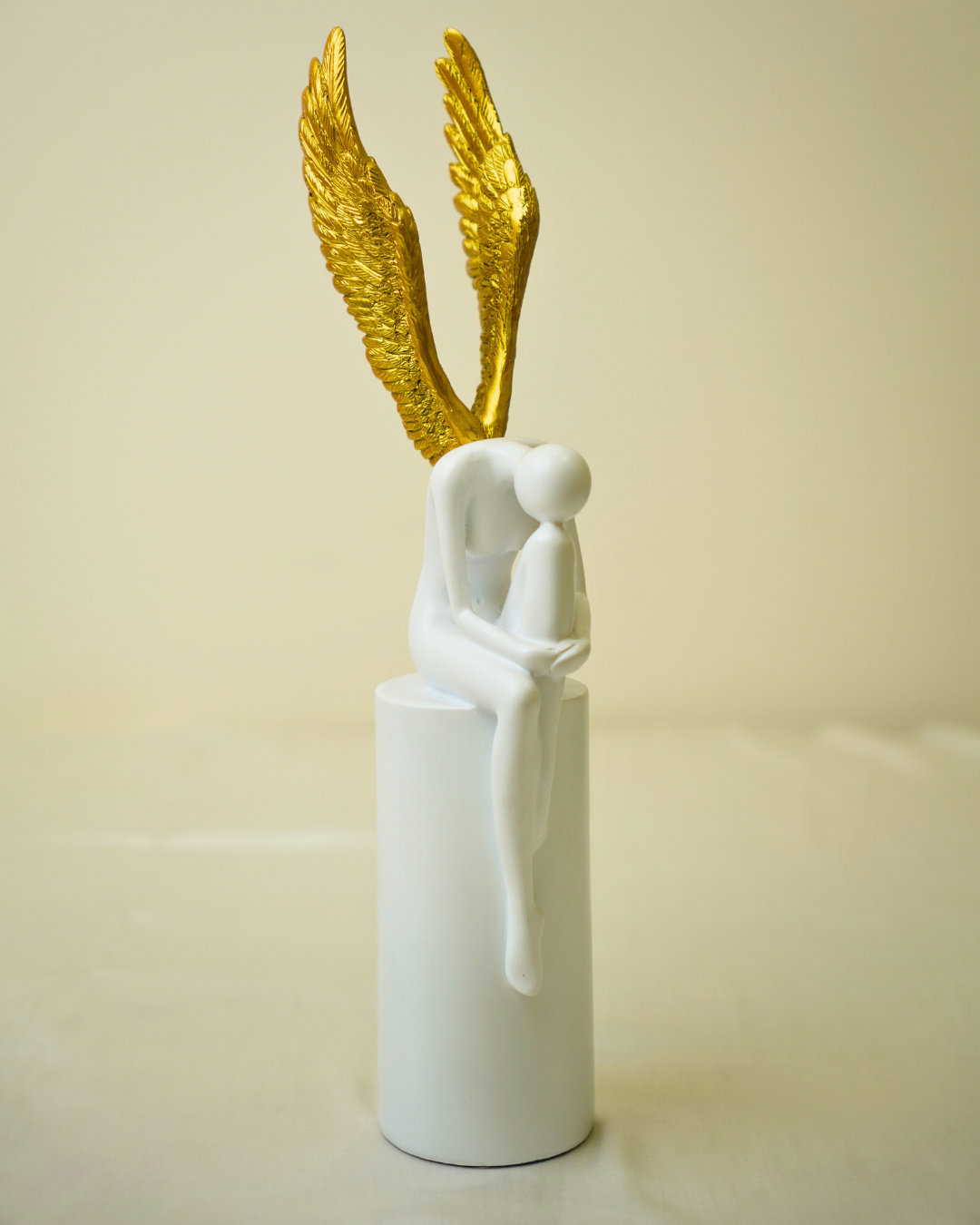 Modern Celestial Angel - Minimalist White and Gold Abstract Statuette