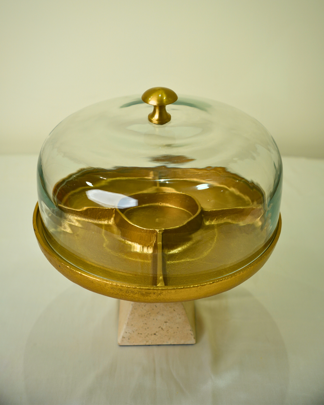 Luxury Glass Dome Serving Platter with Metal & Marble Stand