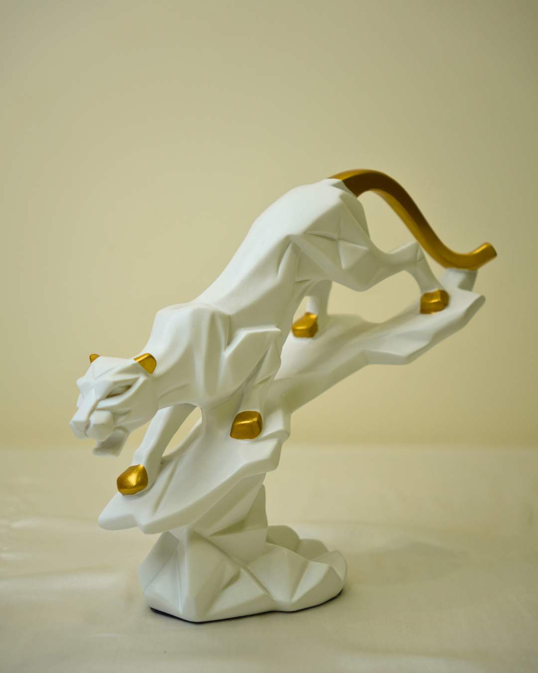Modern Geometric Panther - White & Gold Abstract Wildlife Sculpture