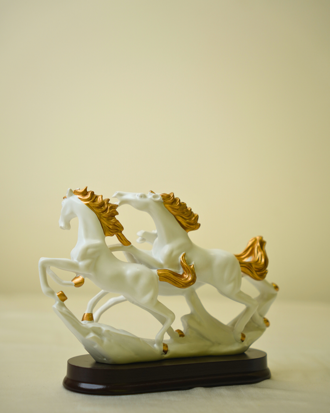 Cart Log Flying Horse Statue - Triple Equine White and Gold Showpiece