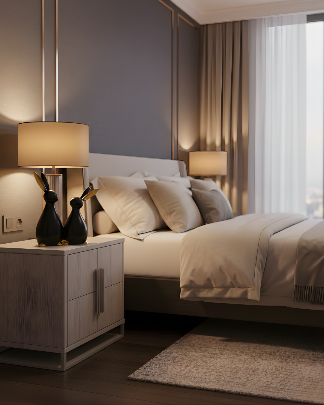 Modern Black & Gold Rabbit Duo - Hand-Painted Decorative Showpiece