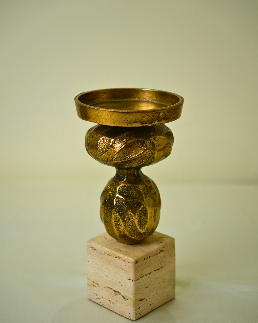 Decorative Metal & Golden Pedestal Candle Holder with Marble Base
