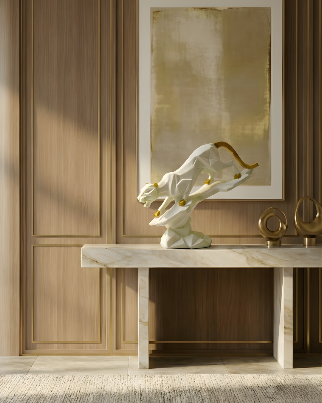 Modern Geometric Panther - White & Gold Abstract Wildlife Sculpture