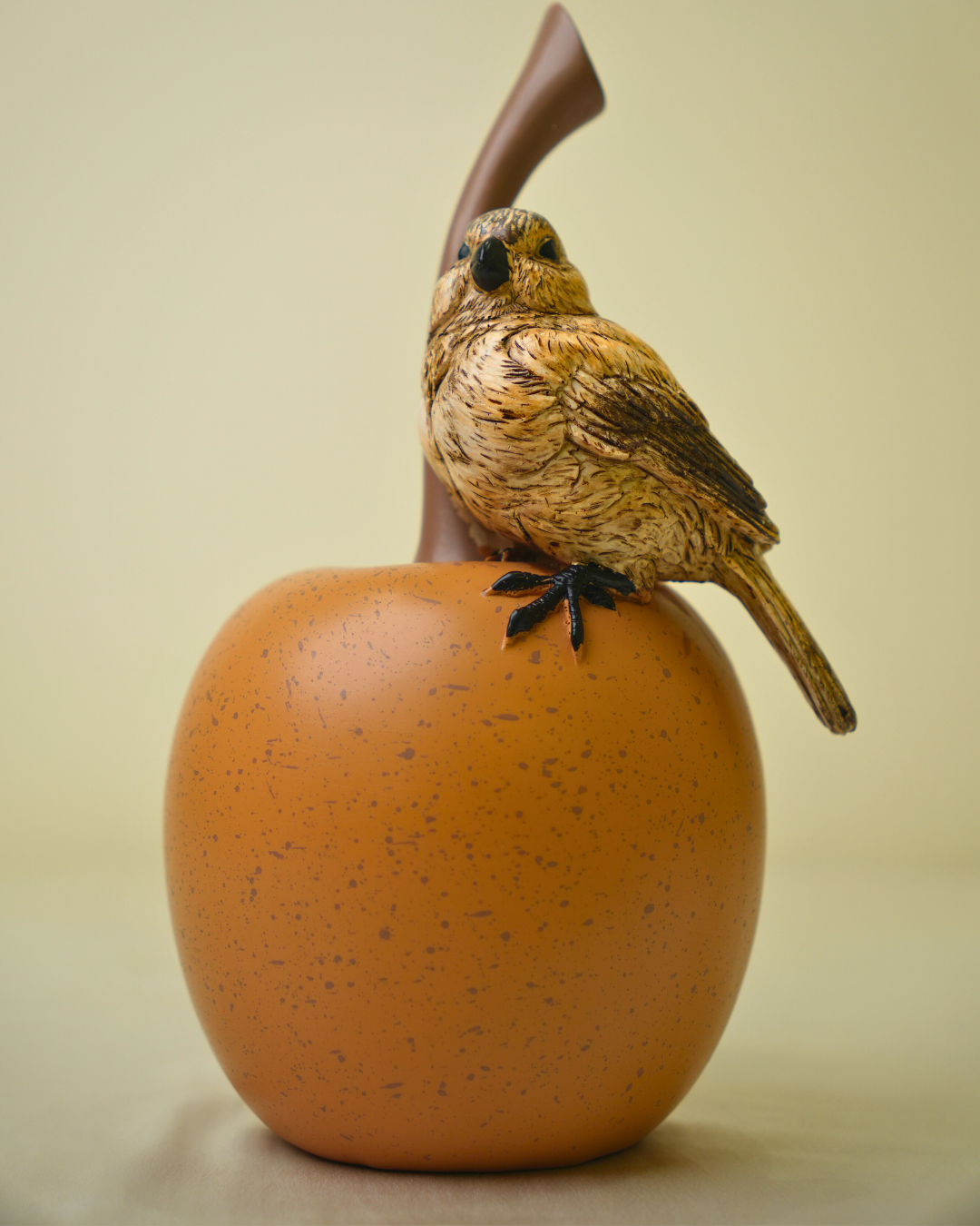 Rustic Autumn Songbird - Handcrafted Bird on Fruit Tabletop Sculpture