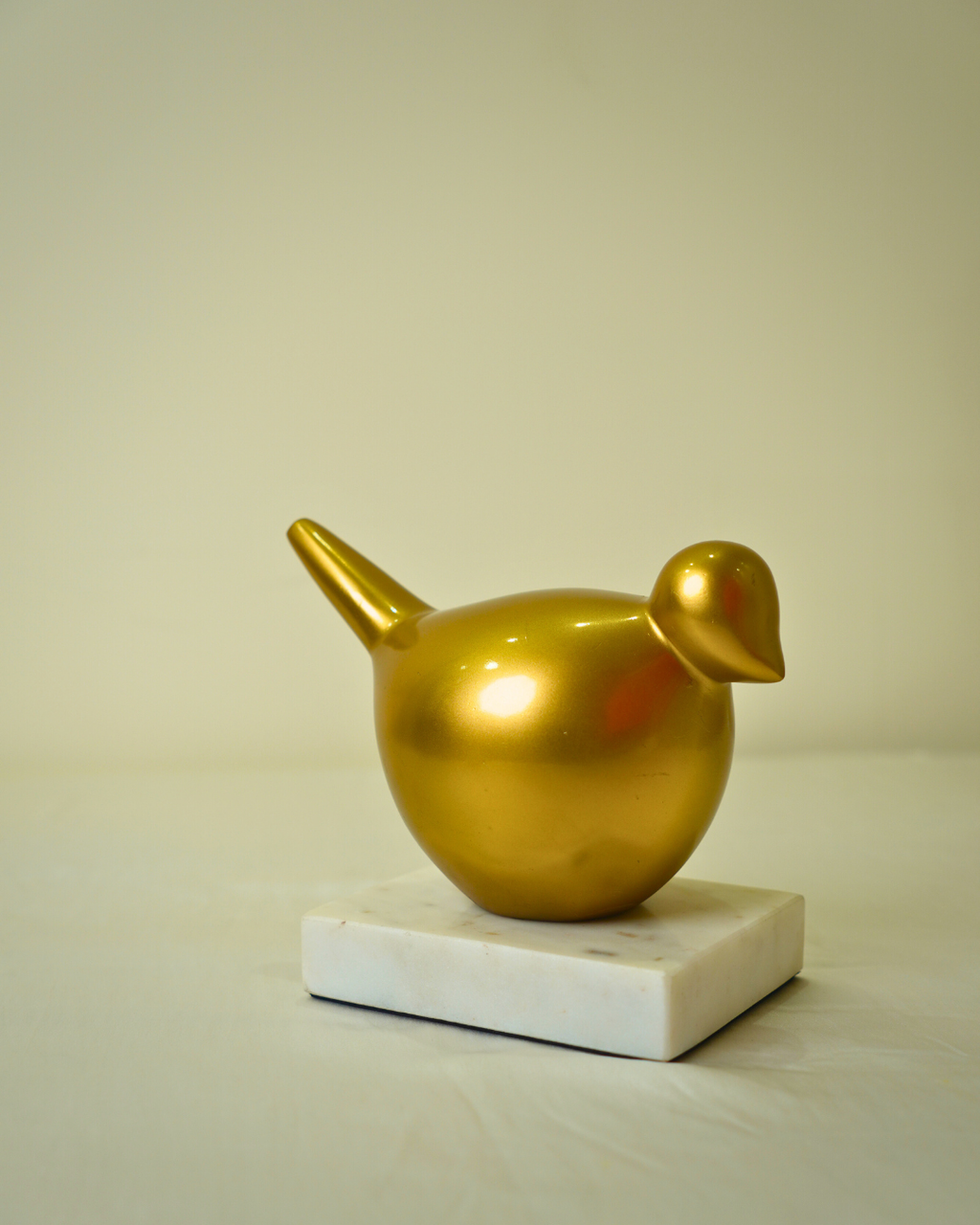 Golden Metal Bird Figurine with Marble Base