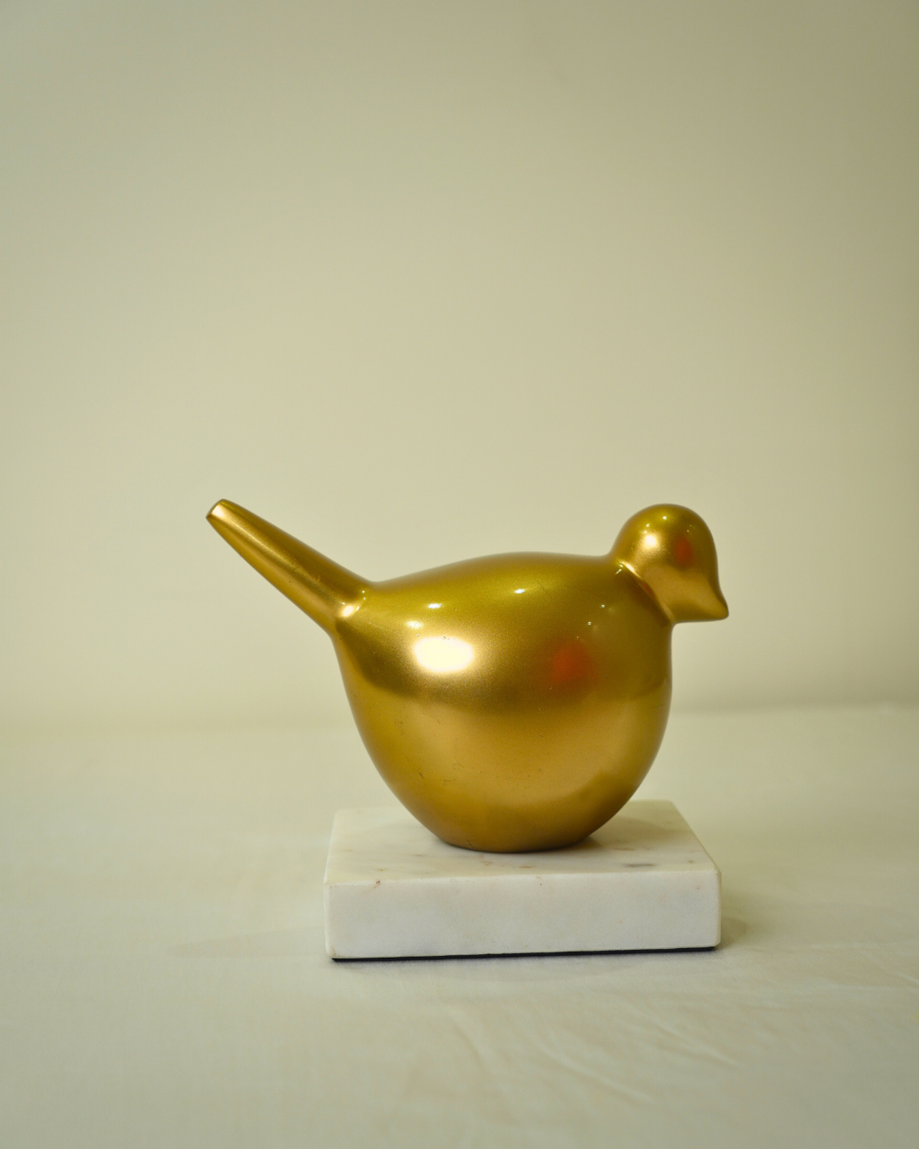 Golden Metal Bird Figurine with Marble Base