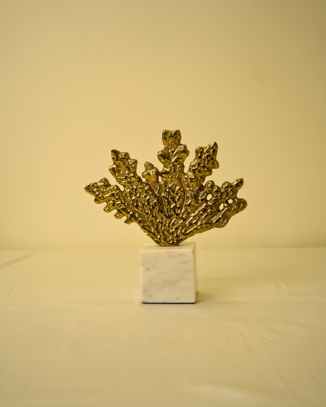 Golden Metal Leaf Sculpture with Marble Base