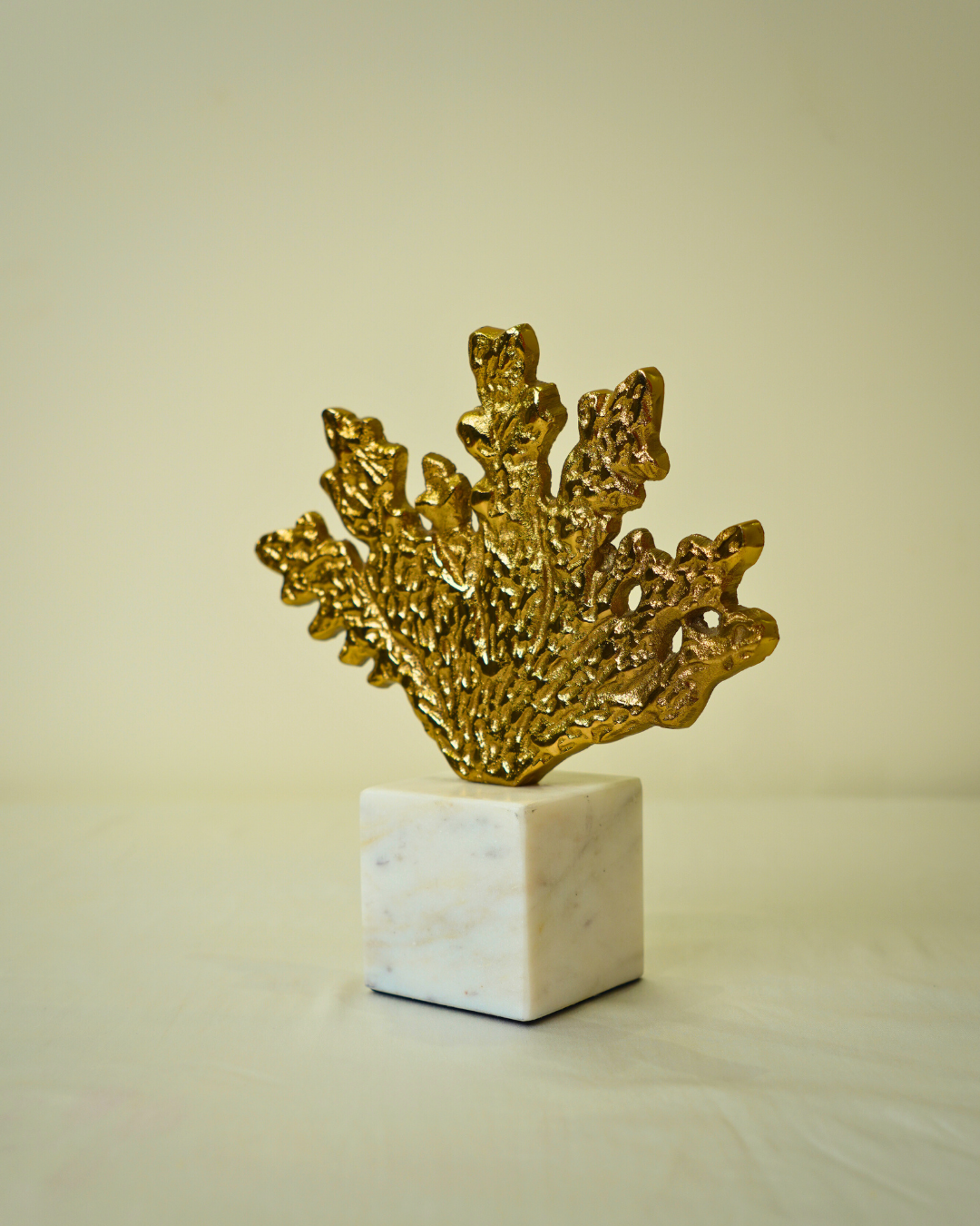 Golden Metal Leaf Sculpture with Marble Base