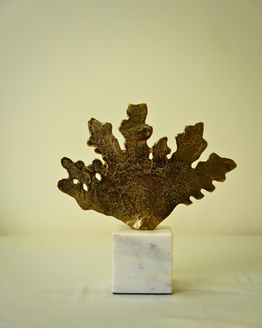 Golden Metal Leaf Sculpture with Marble Base