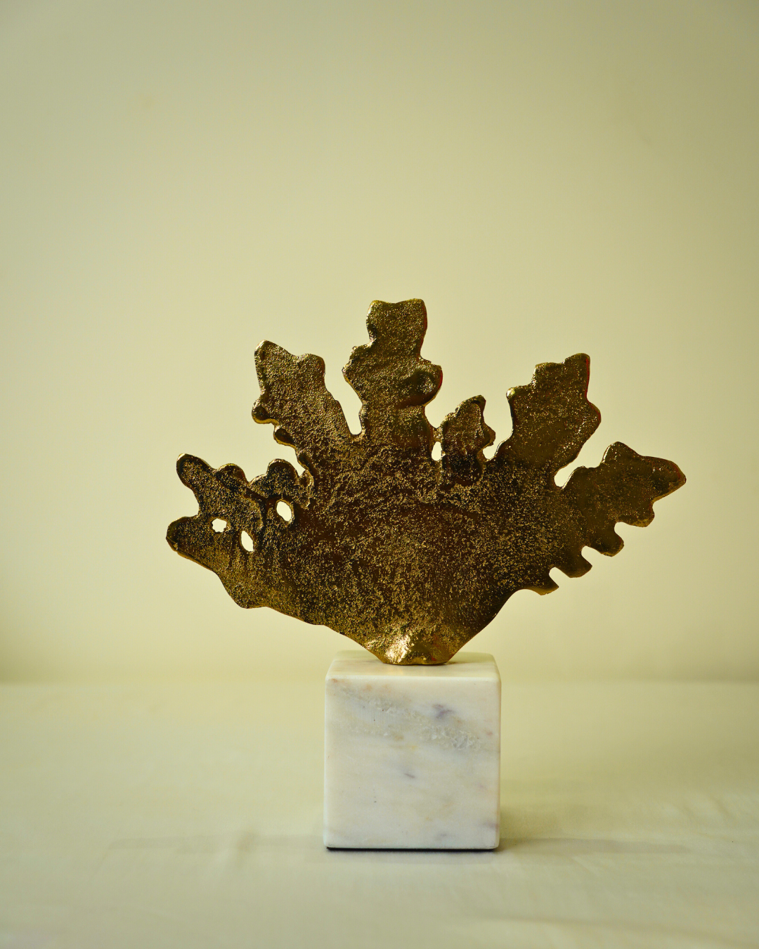 Golden Metal Leaf Sculpture with Marble Base