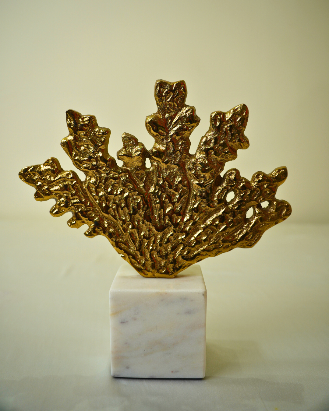 Golden Metal Leaf Sculpture with Marble Base