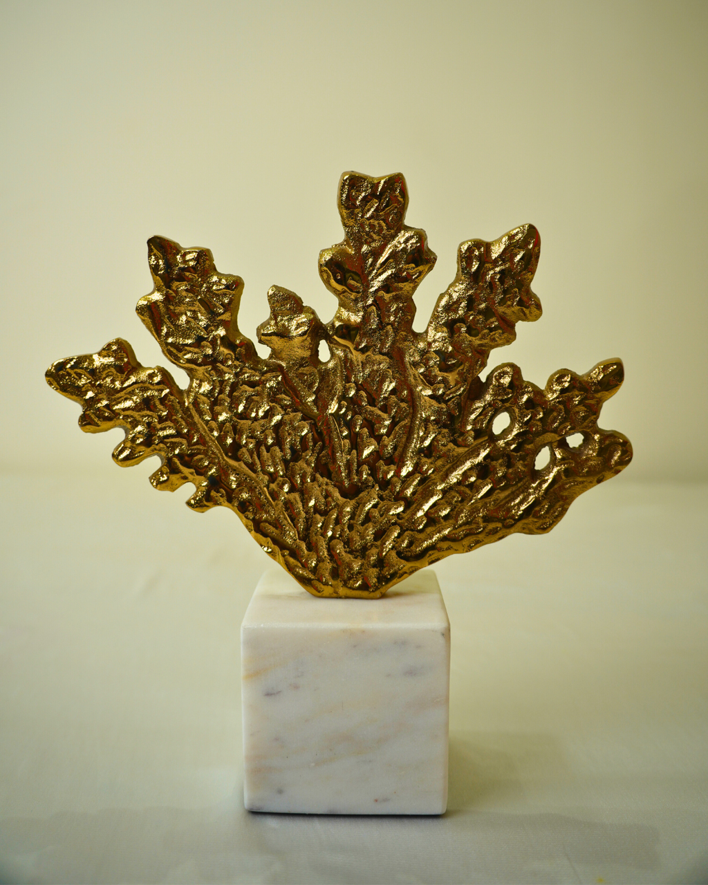 Golden Metal Leaf Sculpture with Marble Base