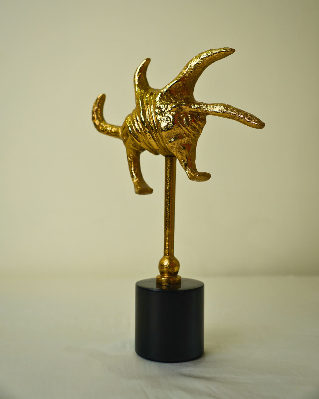 Abstract Golden Metal Sculpture with Black Marble Base