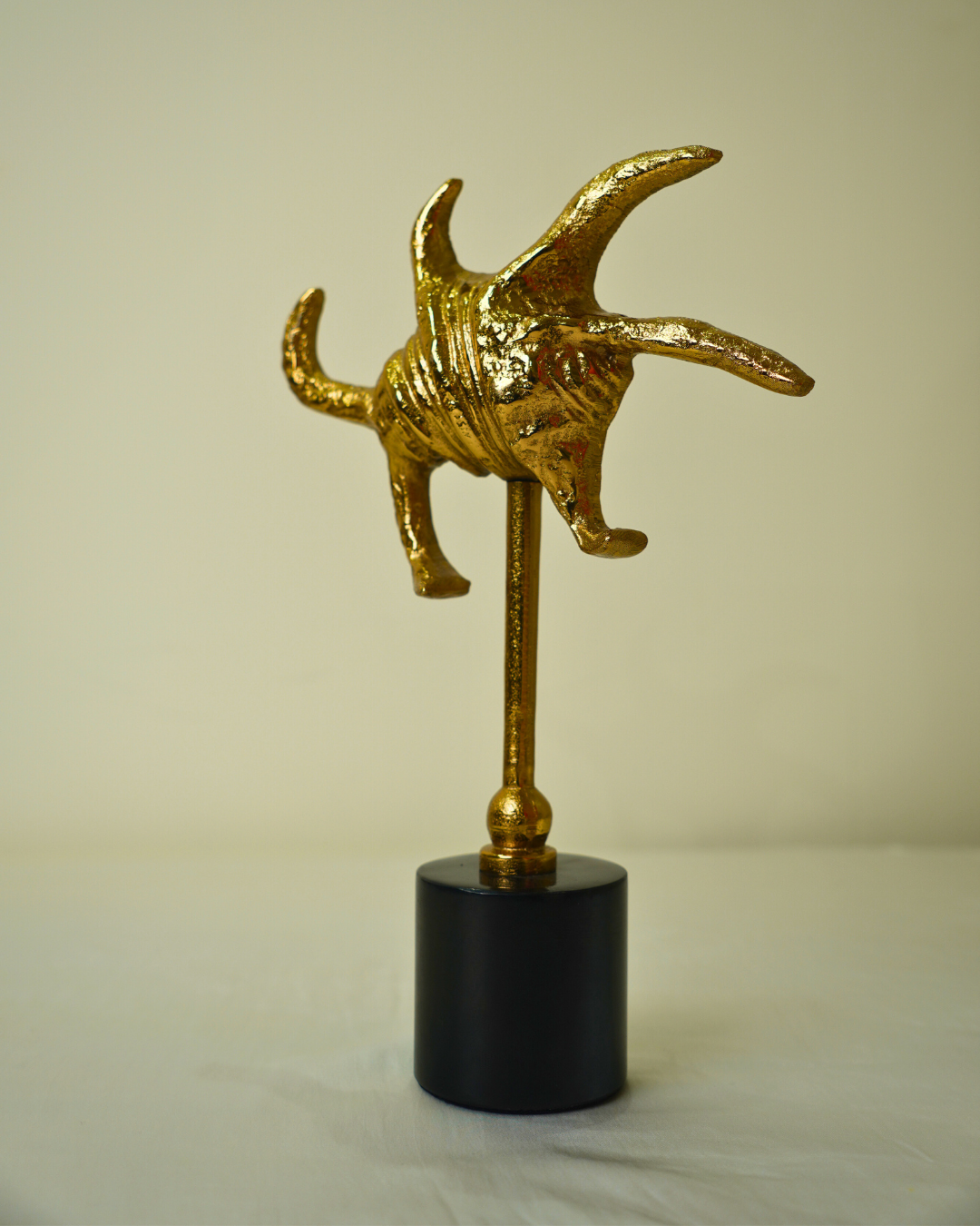 Abstract Golden Metal Sculpture with Black Marble Base