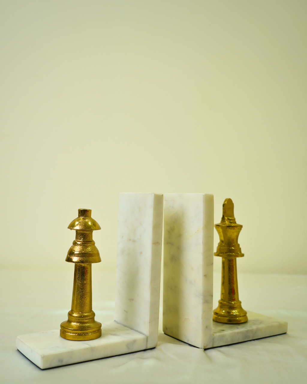 Golden Metal Chess Bookend Set with Marble Base