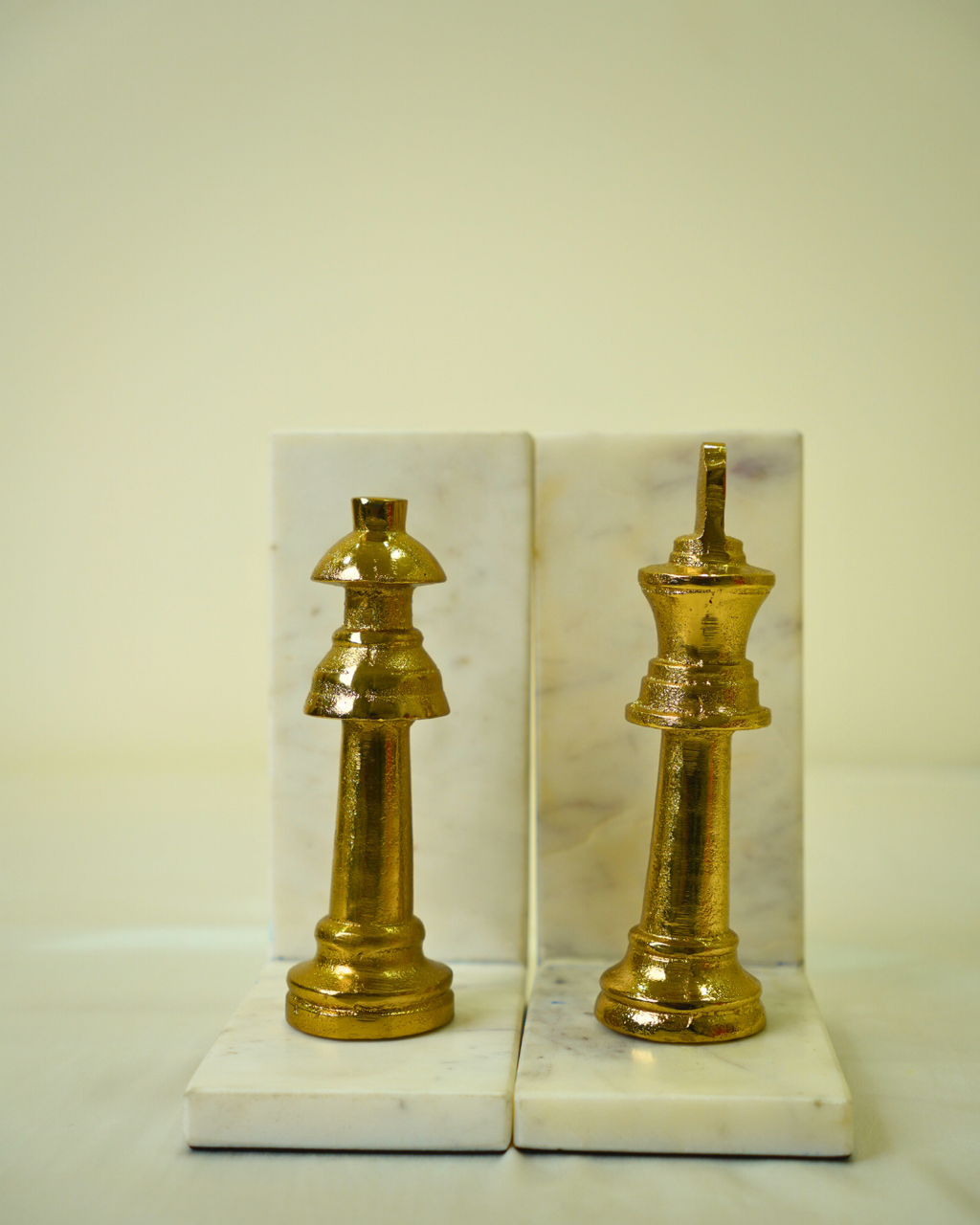 Golden Metal Chess Bookend Set with Marble Base