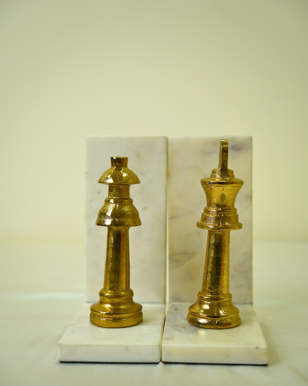 Golden Metal Chess Bookend Set with Marble Base