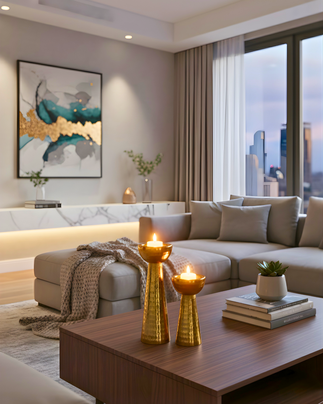 Set of 2 Hammered Golden Metal Candle Holders