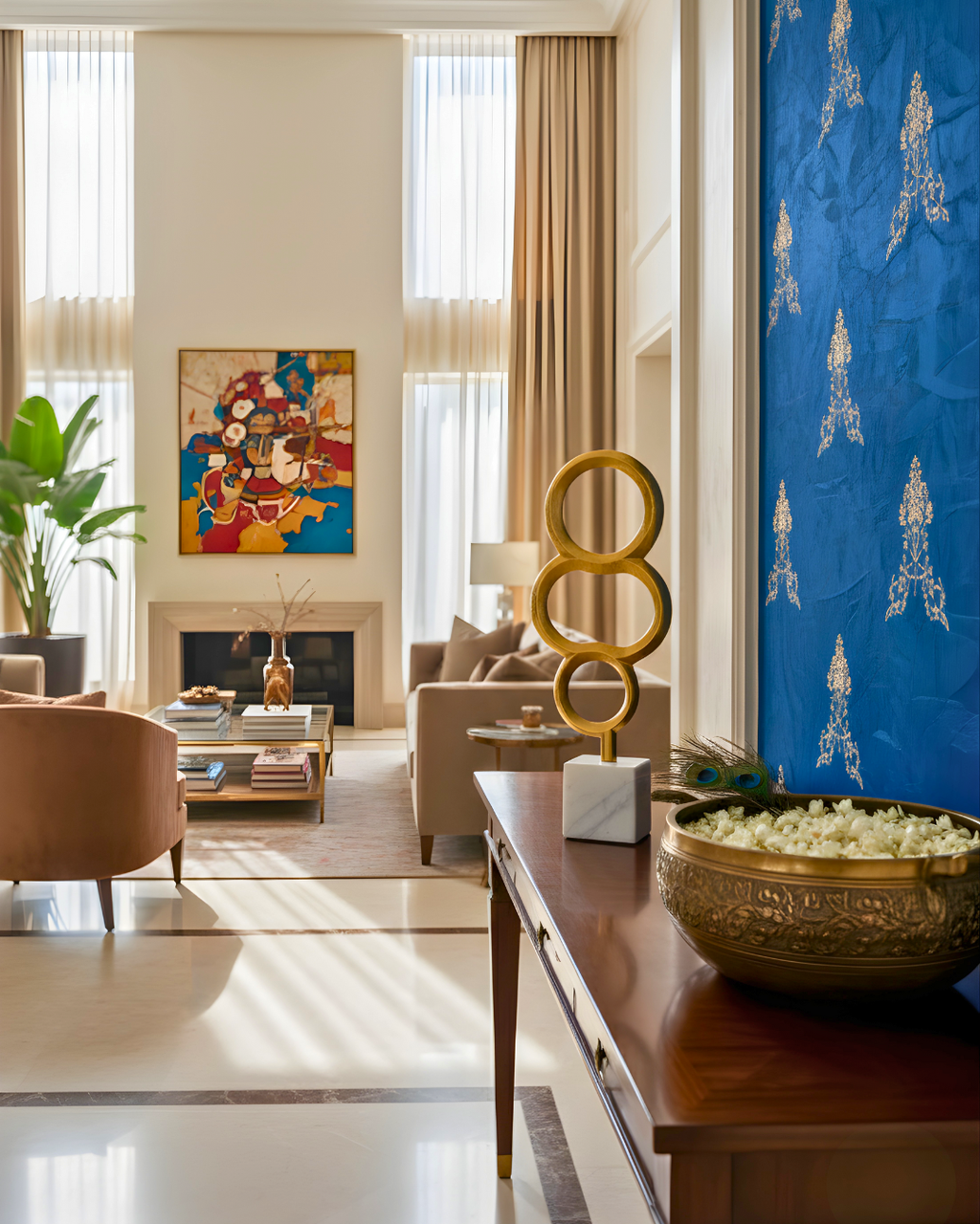 Abstract Golden Metal Triple Ring Sculpture with Marble Base