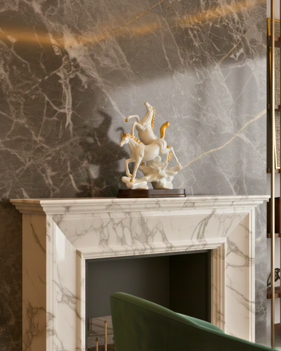 Noble Twin Equine Duo - Elegant White and Gold Horse Showpiece