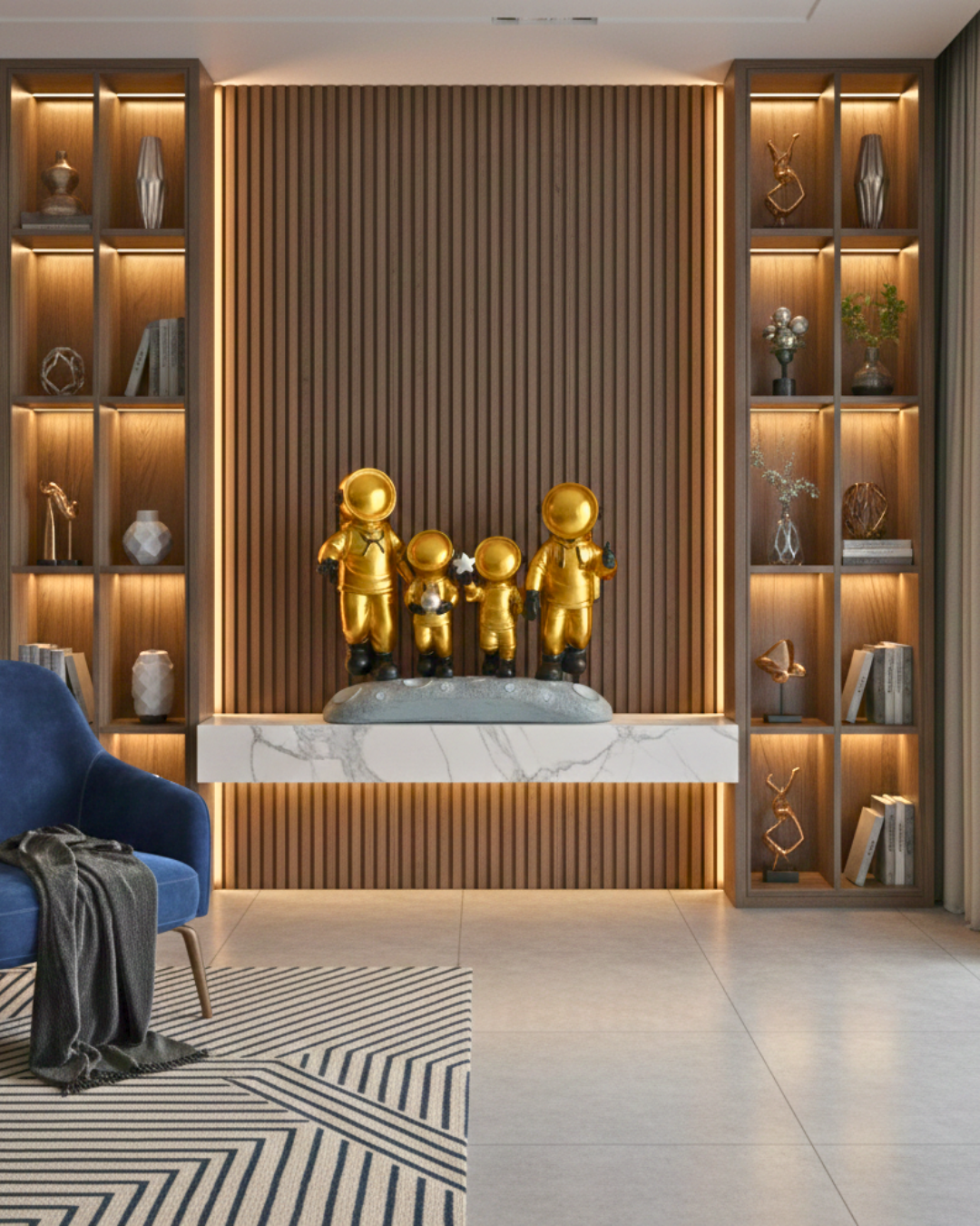 Golden Astronaut Family - Celestial Moon-Walking Luxury Sculpture