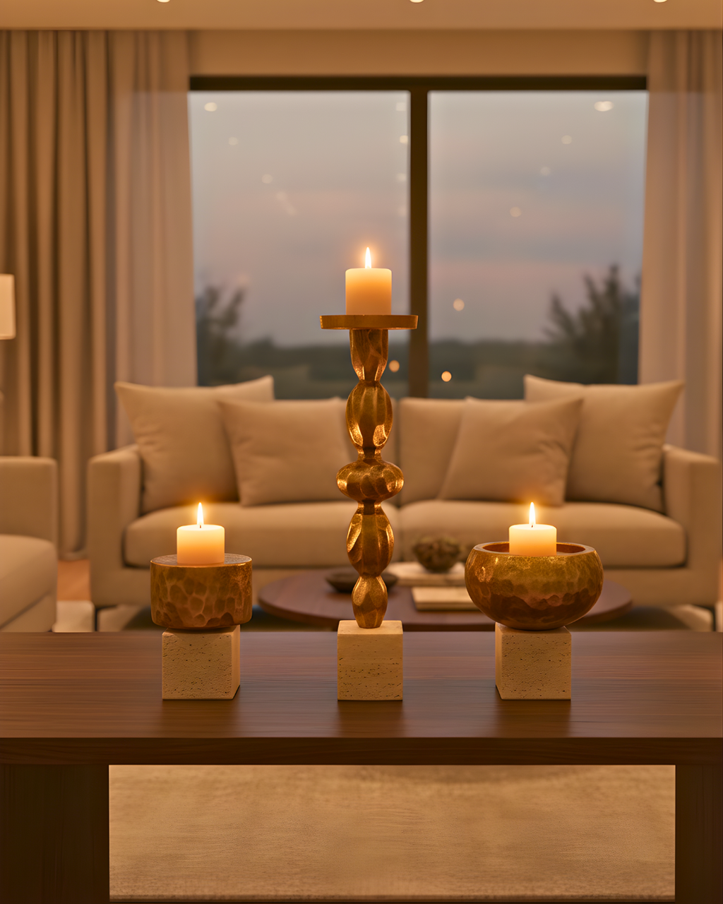 Tall Textured Golden Candle Holder with Marble Base