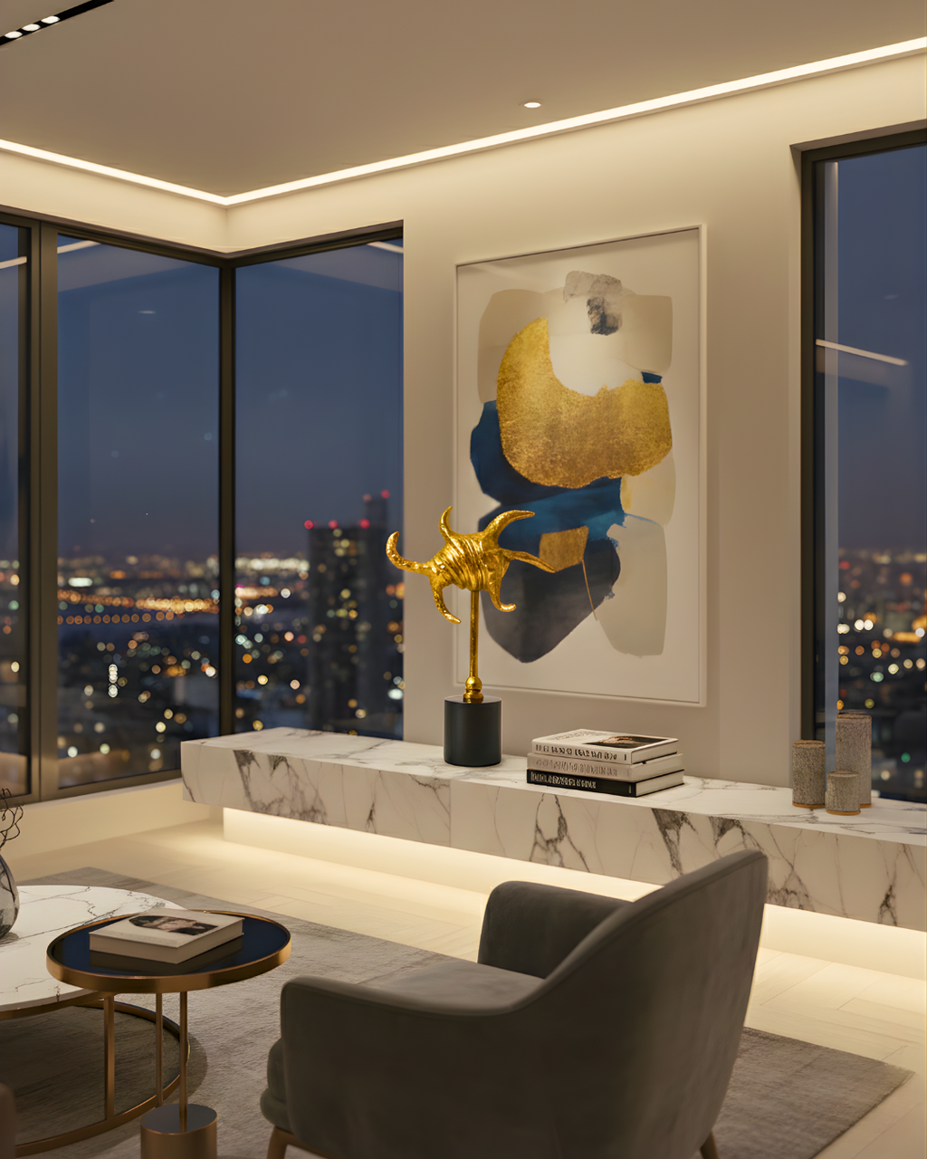 Abstract Golden Metal Sculpture with Black Marble Base