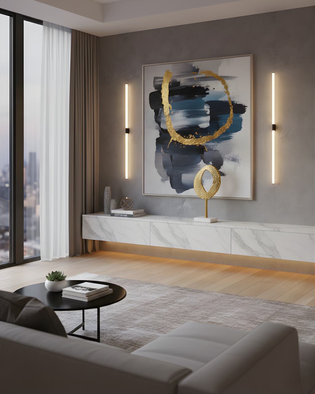 Abstract Golden Metal Art Sculpture with Marble Base