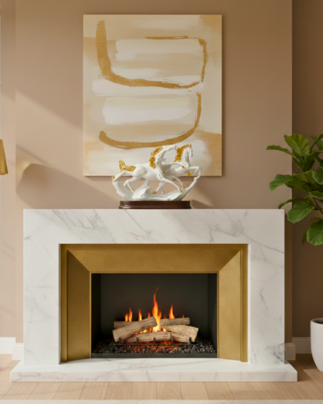 Cart Log Flying Horse Statue - Triple Equine White and Gold Showpiece