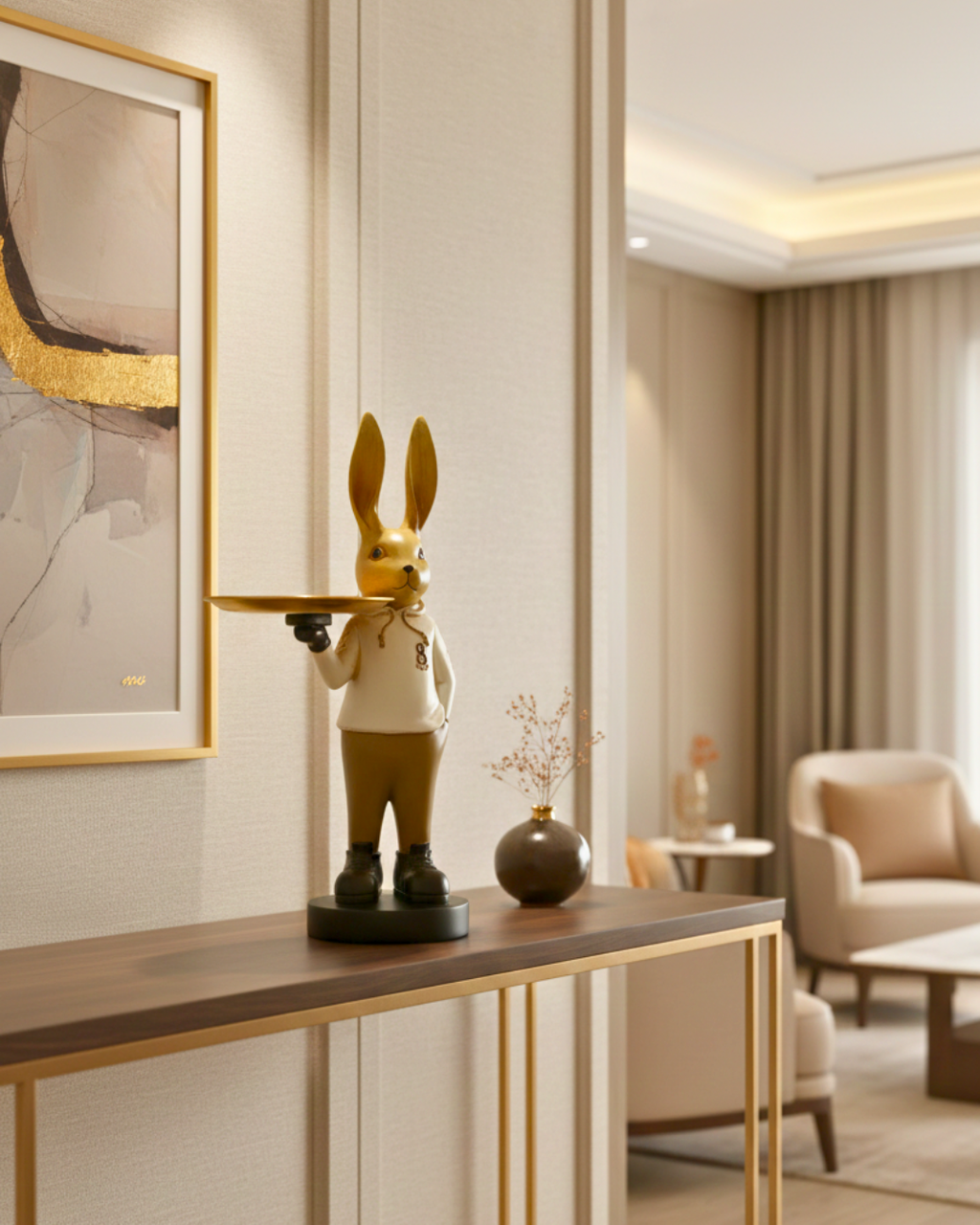 Modern Dapper Rabbit - Decorative Bunny Figurine with Gold Serving Tray