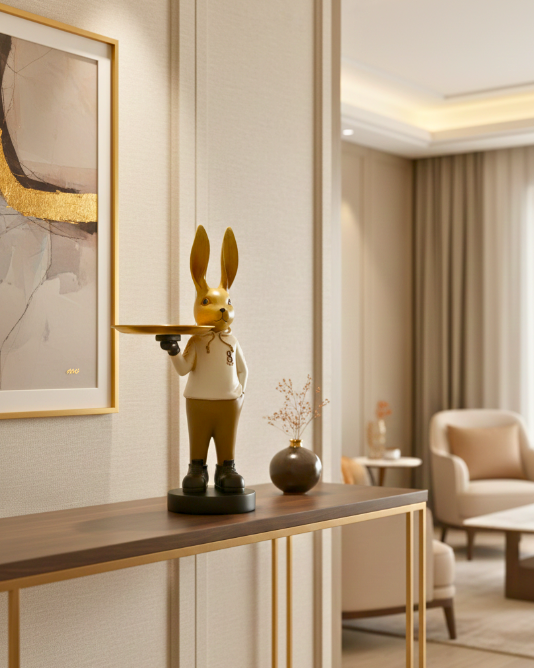 Modern Dapper Rabbit - Decorative Bunny Figurine with Gold Serving Tray