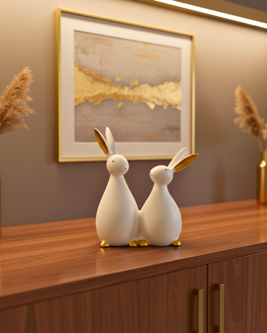 Modern White and Gold Rabbit Duo Hand Painted Decorative Showpiece