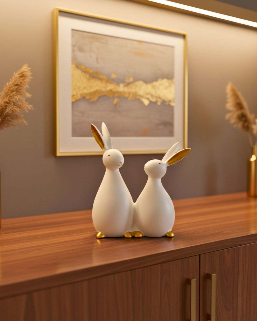 Modern White and Gold Rabbit Duo Hand Painted Decorative Showpiece