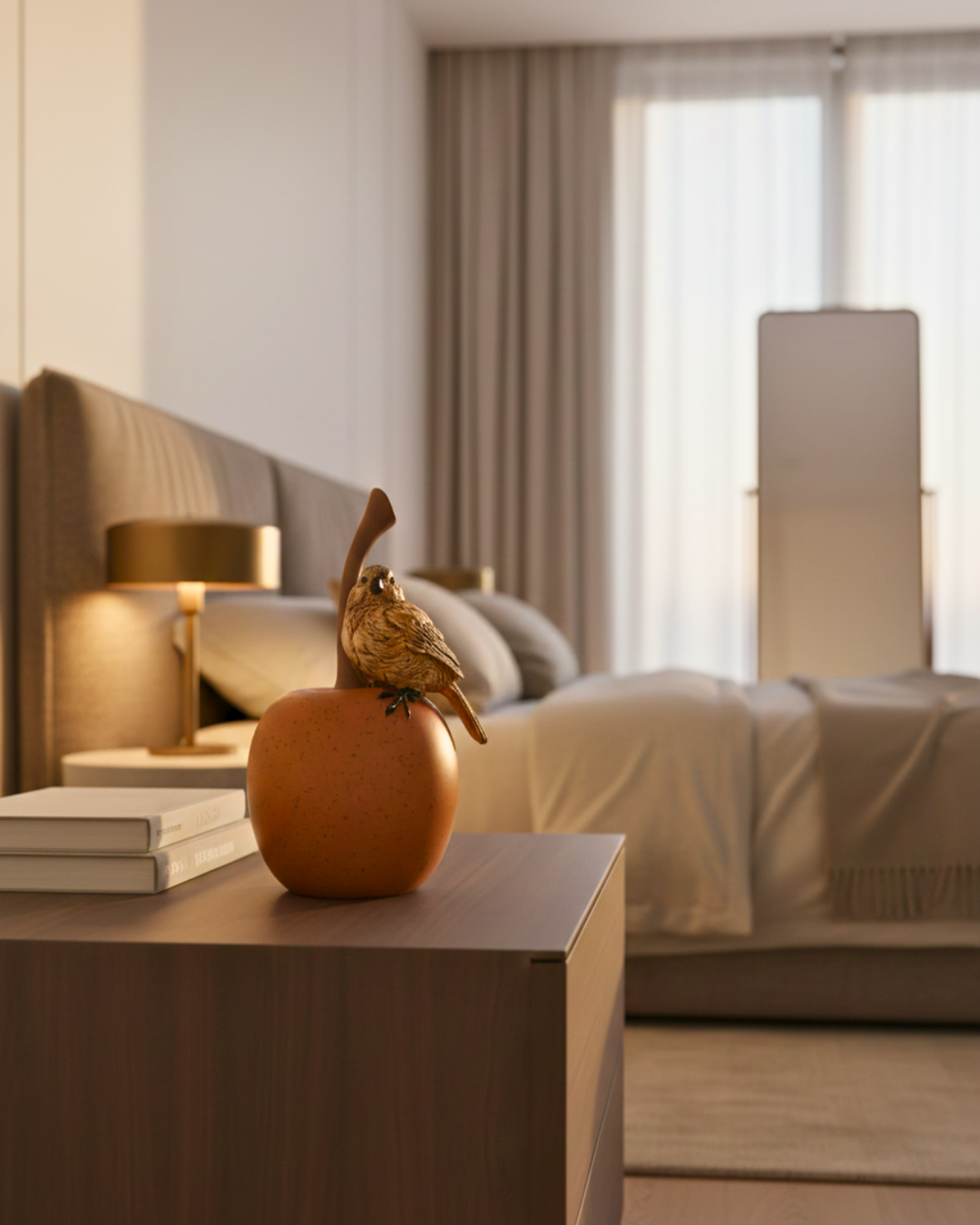 Rustic Autumn Songbird - Handcrafted Bird on Fruit Tabletop Sculpture