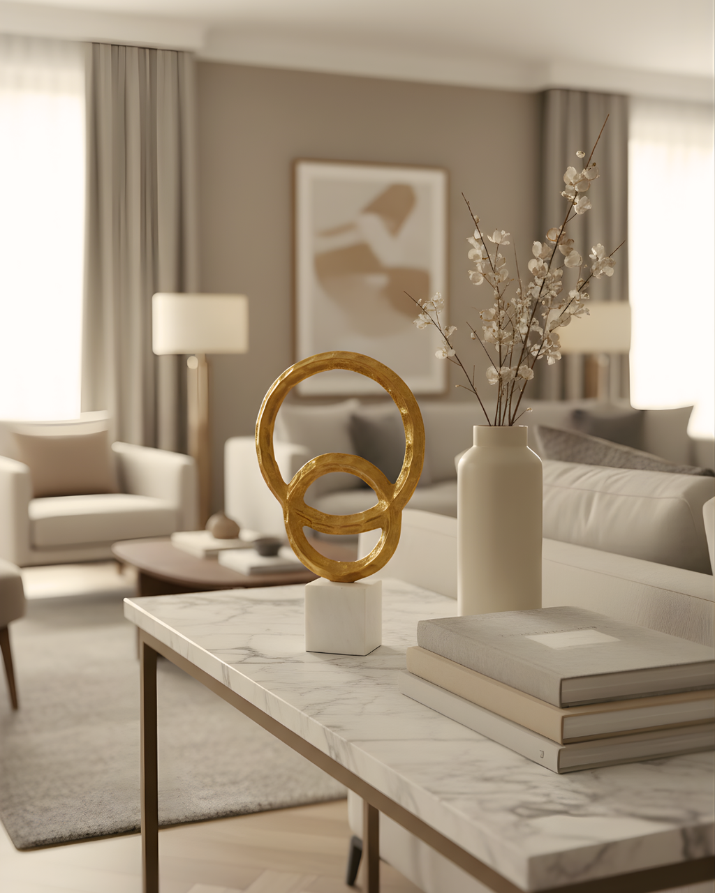 Abstract Golden Metal Art Sculpture with Marble Base