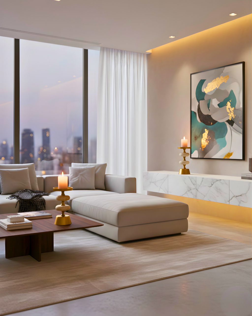 Set of 2 Golden Metal & Marble Candle Holders - Modern Luxury Table Decor