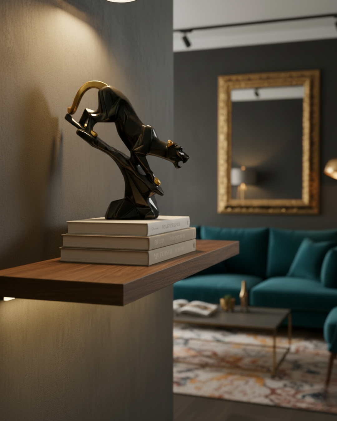 Modern Geometric Panther - Bold Black & Gold Abstract Sculpture