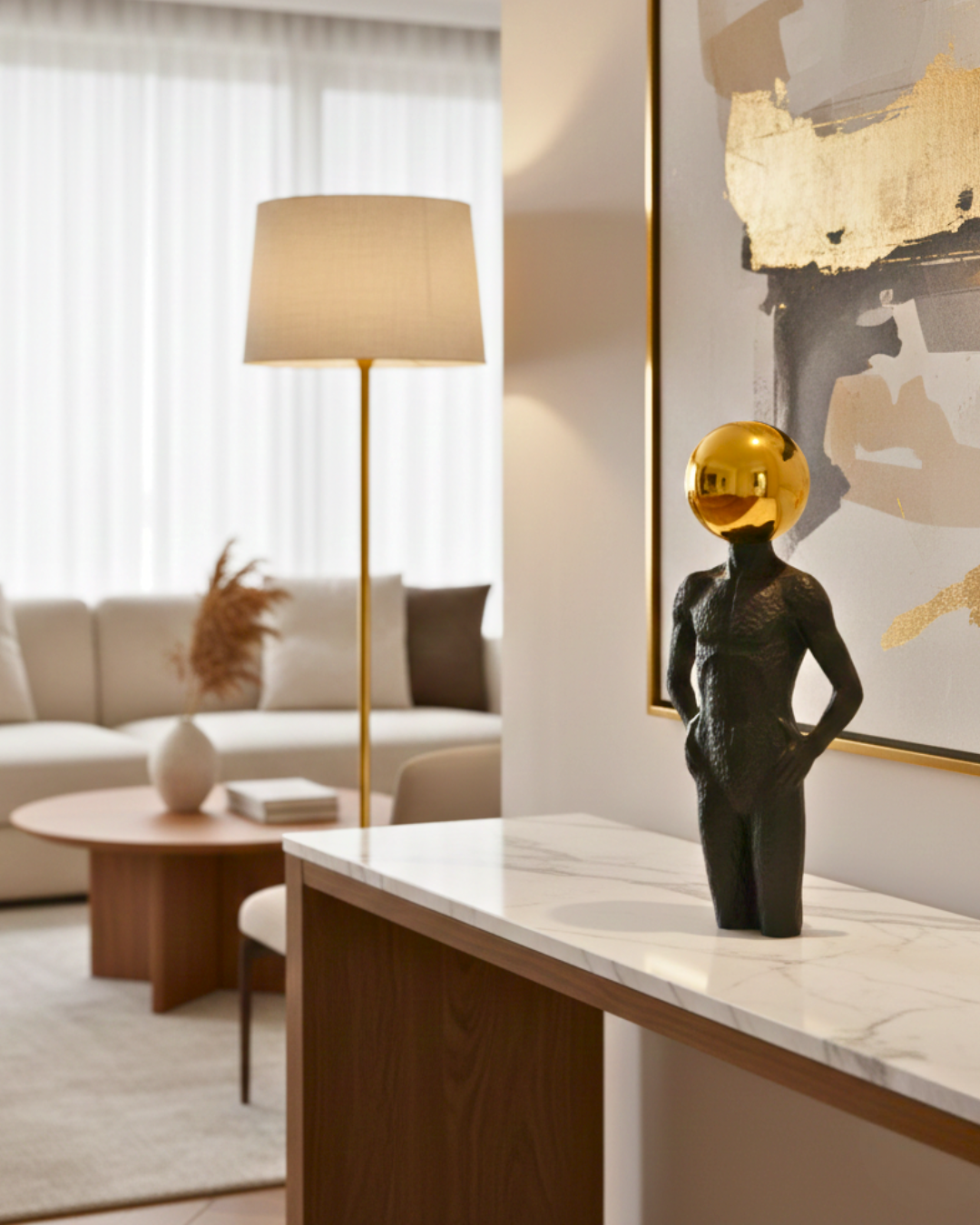 Modern Muscle Craft Accent - Surrealist Figurine with Golden Sphere