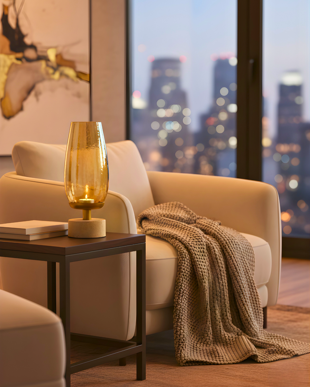 Luxury Amber Glass Hurricane Candle Holder with Metal & Marble Base